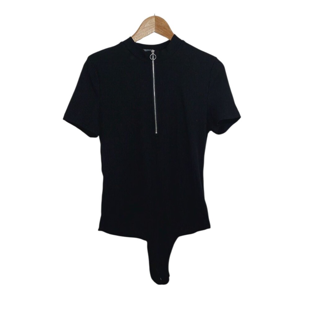 New York Company Women's Size Large Bodysuit Black Ribbed Short Sleeve Zipper